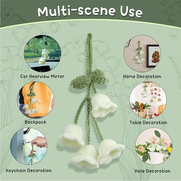 Handmade Woven Bell White Flower Plant Pot Knit Car Mirror Hanging Accessory - Picture 3 of 10